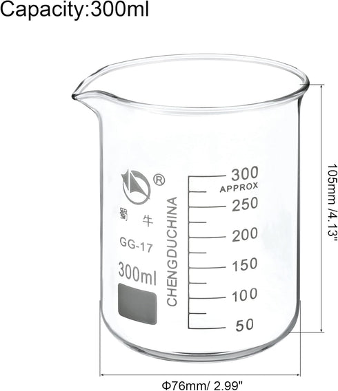 PATIKIL 300ml Low Form Glass Beaker, 2 Pack 3.3 Borosilicate Glass Graduated Printed Scale Measuring Cups with Spout for Kitchen Lab Liquids Trans...