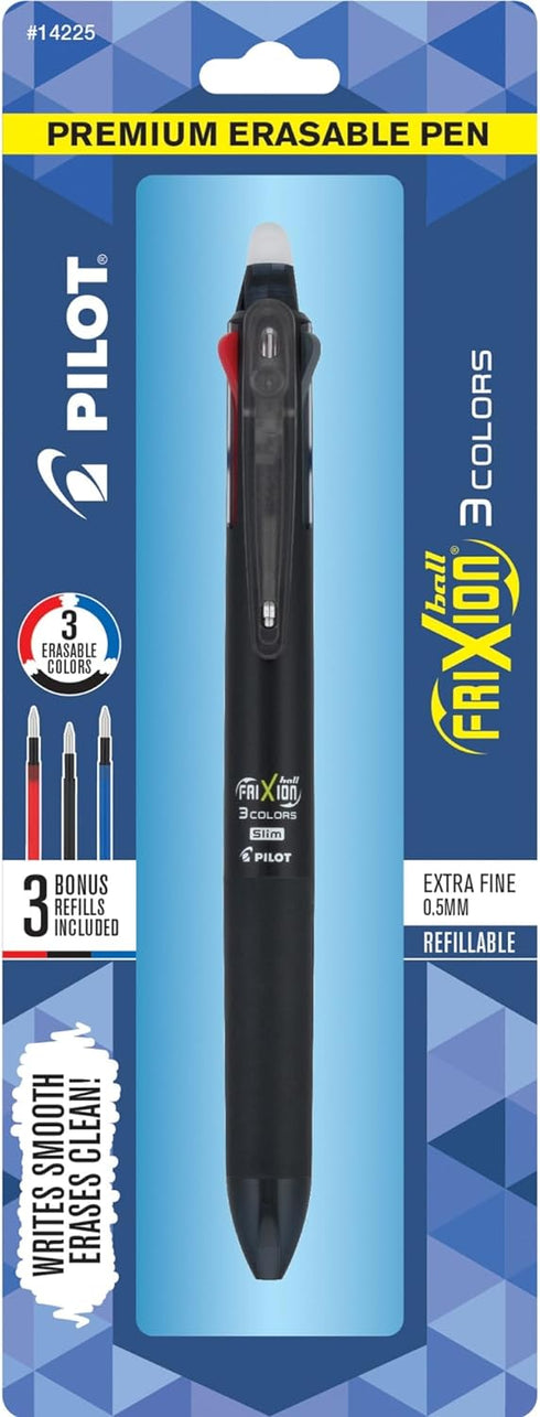 PILOT FriXion Ball 3 Erasable Gel Ink Pen, Extra Fine Point (0.5mm), Black/Blue/Red Ink, Single Pen Plus 3 Refills (14225)...