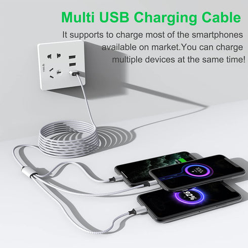 Multi 3 in 1 USB Long iPhone Charging Cable, 1.8M/5.9Ft Nylon Braided Universal Phone Charger Cord USB C/Micro USB/Lightning Connector Adapter for...