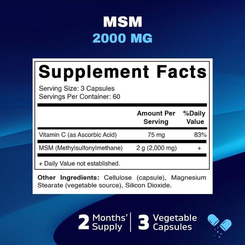Vitamatic MSM 2000 mg with Vitamin C 75mg per Serving - 180 Veg Capsules - Vitamin C Aid in better absopriton of MSM (Methylsulfonylmethane) - Non...