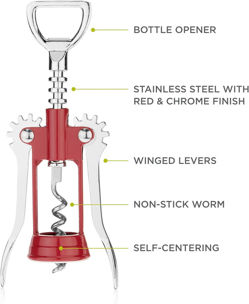 True Soar Winged Corkscrew Wine Opener Manual, Heavy Duty Stainless Steel Cork Openers in Chrome Finish, Home Bar Accessories Bar Tools, Set of 1 ...