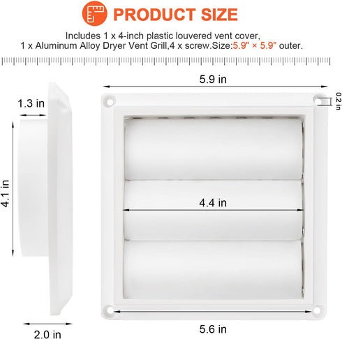 4" Louvered Dryer Vent Cover by Beaquicy - Outdoor White Exhaust Cap with Aluminum Built-in Pest Guard Screen & Screws for 4 Inch Opening Hood Duc...