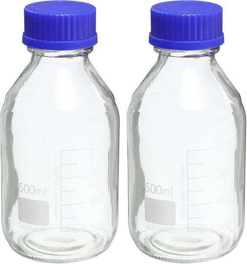 PATIKIL 500mL Reagent Media Bottle, 2Pcs Round Graduated Glass Storage Bottle Blue Screw Cap for Chemistry Lab Universities Home, Clear...
