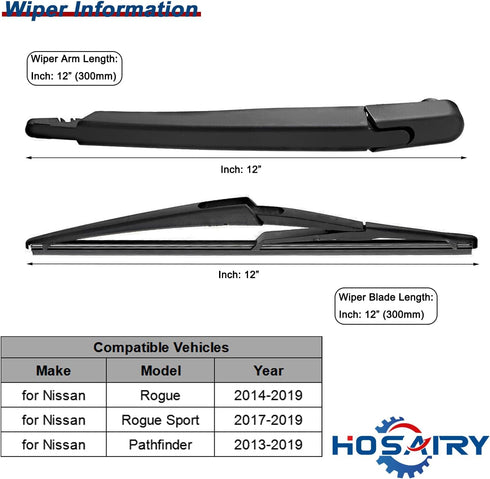 Rear Wiper Arm Blade Set for Nissan Pathfinder 2013-2019, for Nissan Rogue 2014-2019, for Nissan Rogue Sport 2017-2019 Rear Windshield Wiper Arm B...