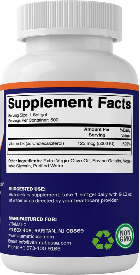 Vitamatic Vitamin D3 5000 IU (125 mcg) - 500 Softgels (Olive Oil Based) - 500 Days Supply - for Healthy Muscle Function, and Immune Support, Non-G...
