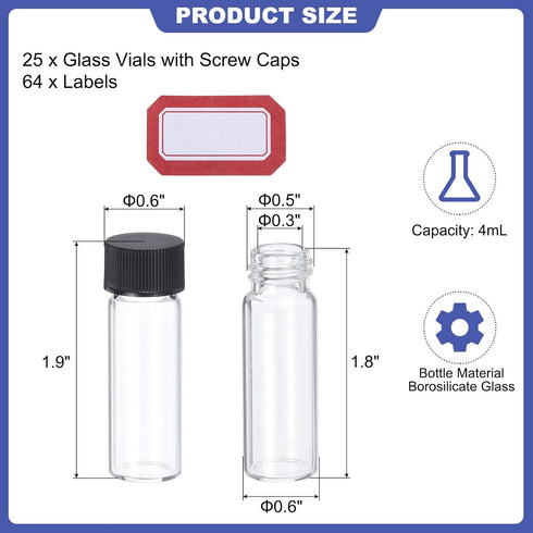 PATIKIL 4ml Clear Glass Vials, 25 Pack Sample Vials with Screw Cap Reagent Media Bottle with Labels Leak-Proof Liquid Sample Glass Vial for Lab La...