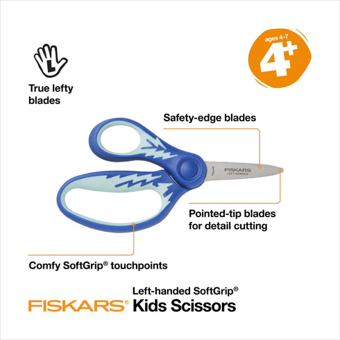 Fiskars 5" Softgrip Left-Handed Pointed-Tip Scissors for Kids Ages 4+ - Left-Handed Scissors for School or Crafting - Back to School Supplies - Bl...
