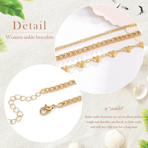 Adzoni Gold Ankle Bracelets for Women 4Pcs 14K Gold Plated Anklets Layered Beaded Chains Waterproof Anklets Set Summer Beach Jewelry Gift for Wome...