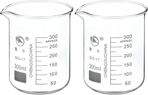 PATIKIL 300ml Low Form Glass Beaker, 2 Pack 3.3 Borosilicate Glass Graduated Printed Scale Measuring Cups with Spout for Kitchen Lab Liquids Trans...