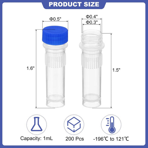 PATIKIL 1ml Plastic Cryogenic, 200Pcs Self Standing Cryogenic Vial Screw Top Frozen Test Tube for Lab Laboratory Science, Blue Cap...