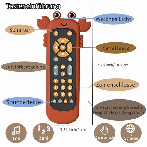 Baby TV Remote Control Toy with Soft Silicone Teether Cute Crab Cover, Musical Realistic Play Remote Toy with Light and Sound, 3 Language Educatio...