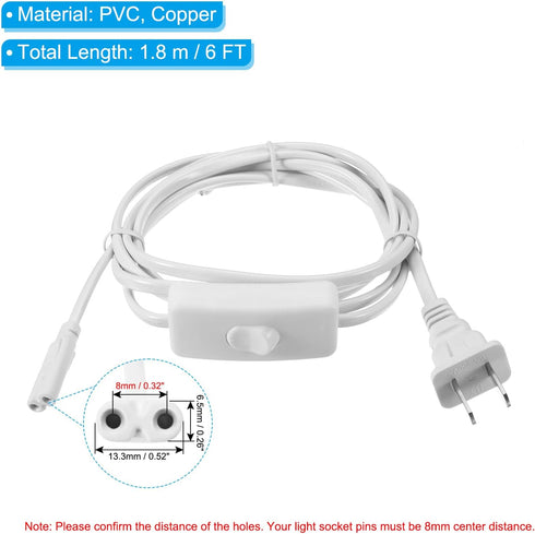 PATIKIL T4 T5 T8 LED Tube Light Power Cord, 2pcs 1.8M / 6FT Extension Cable Wire Connector with on Off Switch for 2 Pin LED Integrated Tube Light ...