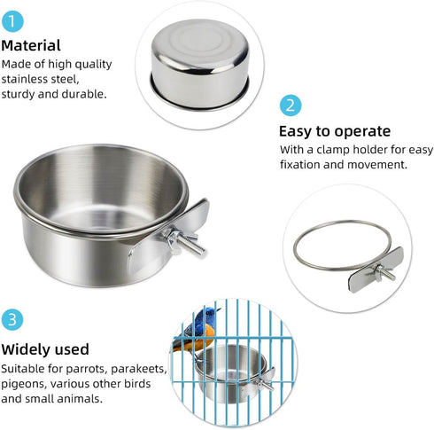 2 Pack Stainless Steel Bird Bowls for Cage Parrot Food Water Bowl Bird Feeding Dish Cups Parrot Food Water Feeder Pet Hanging Bowl Crate Coop Cups...