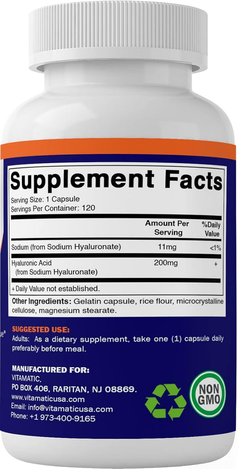 Vitamatic 2 Pack Hyaluronic Acid Supplements 200mg - Supports Healthy Connective Tissue and Joints - Promote Youthful Healthy Skin - Total 240 Cap...