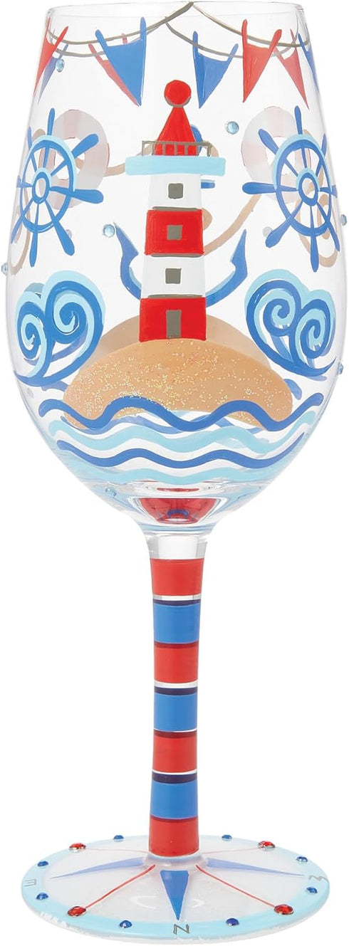 Enesco Lolita Designs Nautical Light House Hand-Painted Artisan Wine Glass, 15 Ounce, Multicolor...