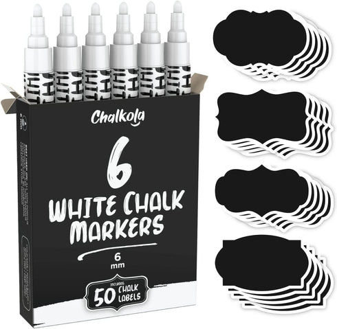 Chalkola White Chalk markers (6 Pack) - White Dry Erase Liquid Chalk Pens for Chalkboard, Blackboard, Window, Bistro, Car Glass, Board, Signs - Er...