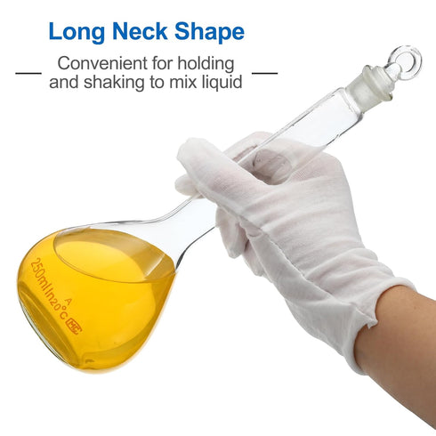 PATIKIL 250ml Volumetric Flask, 3.3 Borosilicate Glass Graduated Volumetric Measuring Flask with Glass Stopper Tolerance 0.10ml for Lab Experiment...