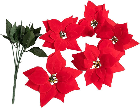 Juvale 4 Pack Poinsettias Artificial Christmas Flowers - Lifelike Red Poinsettias with Velvety Petals for Holiday Decor, Wreaths, and Centerpieces...