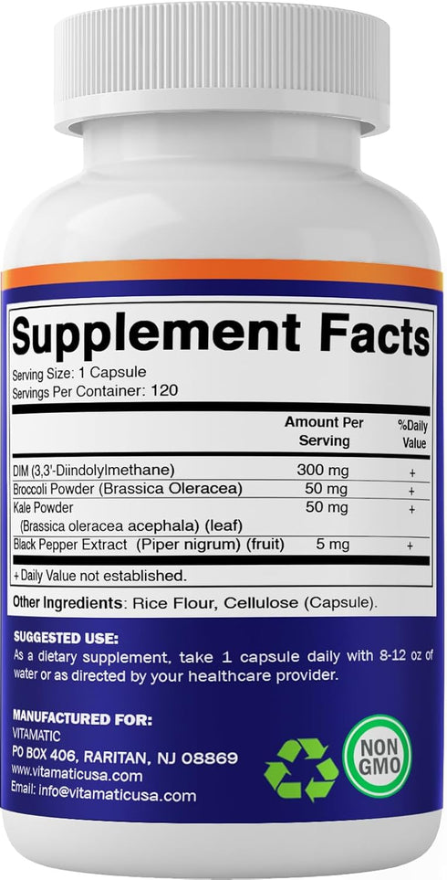 Vitamatic DIM Supplement Complex for Women & Men - 300mg - 120 Veg Capsules - Made with Black Pepper, Broccoli Powder & Kale Powder - Non-GMO & Gl...