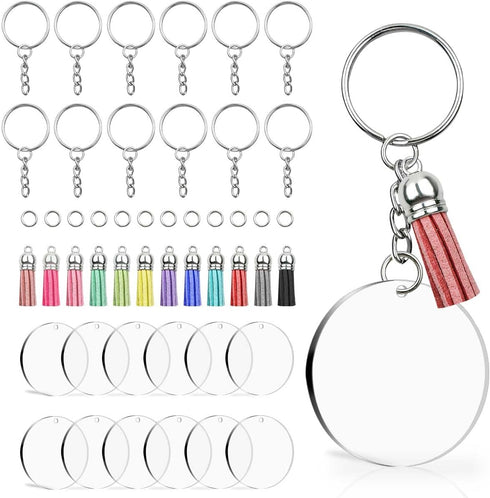 48 Pieces Acrylic Keychain Blanks Set Including Clear Circle Keychains Blank & Key Rings & Tassels & Jump Chain for Vinyl Crafting DIY Crafts Proj...