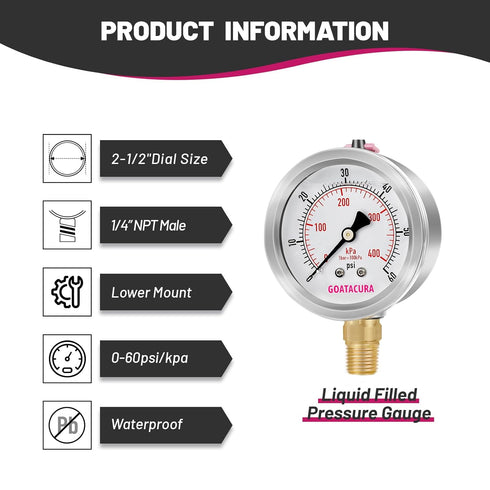 0-60psi/kpa Lead-Free Glycerin Filled Pressure Gauge, 2-1/2" Dial Size, Stainless Steel Case, with Vent Valve, 1/4" NPT Lower Mount, 2-1-2% Accura...