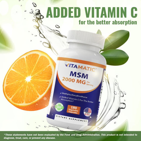 Vitamatic MSM 2000 mg with Vitamin C 75mg per Serving - 180 Veg Capsules - Vitamin C Aid in better absopriton of MSM (Methylsulfonylmethane) - Non...