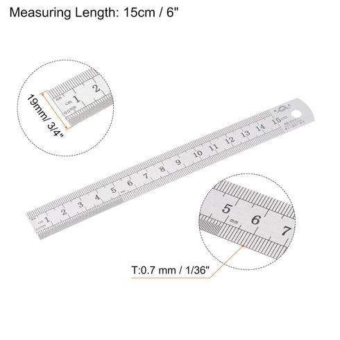 2pcs Stainless Steel Ruler 15cm/6" Length x 1/36" Thick x 3/4" Wide Inch and Metric Straight Edge Measuring Tools for Woodworking Painting Craft, ...