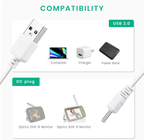 Smays Charger Cable Replacement for Infant Optics DXR-8 / DXR8 PRO Monitor Unit, Round-Pin Power Cord 2-Pack...