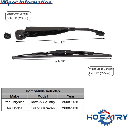 Rear Wiper Arm Blade Set for Dodge Grand Caravan Chrysler Town and Country 2008-2010 Rear Windshield Wiper Arm Blade Assembly 68078306AA...