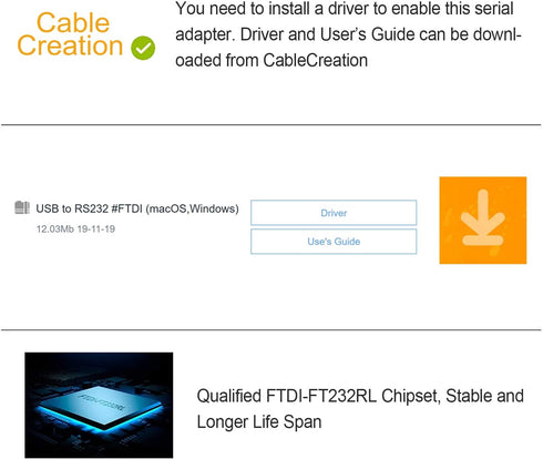 CableCreation USB to RS232 Serial Adapter (FTDI Chipset), USB to RS232 Gold Plated DB9 Serial Converter Cable for Windows 11, 10, 8.1, 8, 7, Vista...