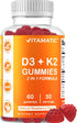 Vitamatic Vitamin D3 K2 Gummies - 60 Count - Supports Healthy Bone, Heart & Calcium Absorption, & Immune Health - Plant Based, Non-GMO, Gluten Fre...