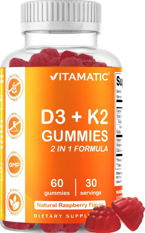 Vitamatic 2 Pack Vitamin D3 K2 Gummies - 60 Count - Supports Healthy Bone, Heart & Calcium Absorption, & Immune Health - Plant Based, Non-GMO, Glu...