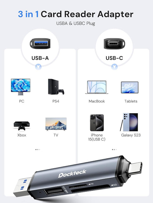 Dockteck SD Card Reader, 5G Super Speed USB3.0 SD/TF Card Reader, 3-Slot USB A/C to SD/Micro SD/USB A Memory Card Reader for UHS-I SD/Micro SD/SDH...