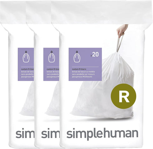 simplehuman Code R 60 Count, Genuine Custom Fit Liners, Drawstring Trash Bags in Dispenser Packs, 10 Liter / 2.6 Gallon, White...