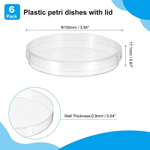 PATIKIL 100mm Plastic Petri Dishes with Lid, 6 Pcs Petri Plates Tissue Culture Plate for Lab Science Experiment, Clear...