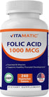 Vitamatic Folic Acid 1000 mcg (1 mg) - Vegetarian Tablets - 1667 mcg DFE - Vitamin B9 (240 Count (Pack of 2))...