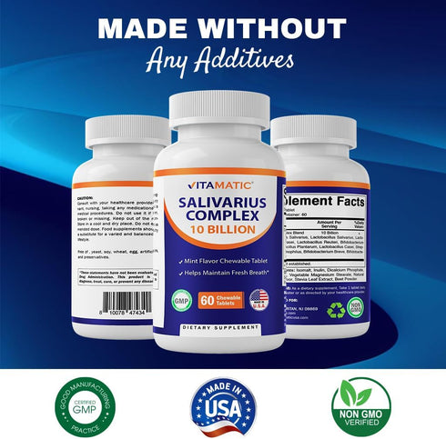 Vitamatic Salivarius Complex 10 Billion Chewable Mint Flavored Tablet - 60 Count - Oral Health Chewable Probiotics + Prebiotics - Supports Healthy...