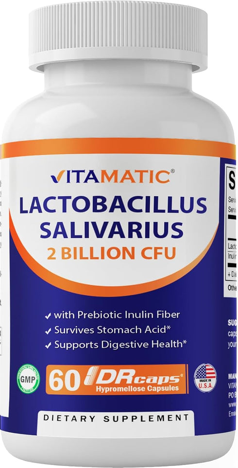 Vitamatic Lactobacillus Salivarius 2 Billion per DR Capsule - 60 Count - Digestive Support - Made with Prebiotic Inulin Fiber (1 Bottle)...