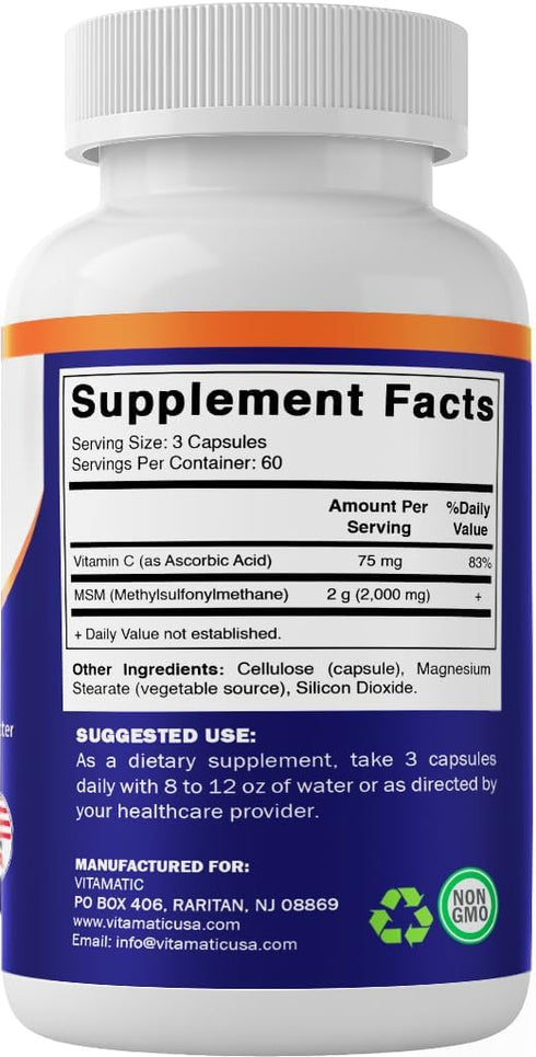 Vitamatic MSM 2000 mg with Vitamin C 75mg per Serving - 180 Veg Capsules - Vitamin C Aid in better absopriton of MSM (Methylsulfonylmethane) - Non...