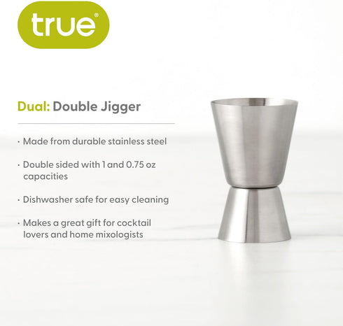 True Dual Double Jigger for Bartending, Stainless Steel Measured Jiggers, Cocktails, Mocktails, Barware, Home Bar Accessories, 1 oz & 0.75 oz Set ...