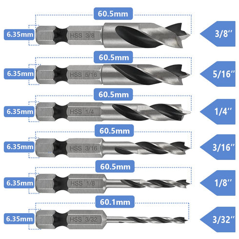 Mesee 6Pcs Brad Point Stubby Drill Bits Set, HSS 4241 Steel with 1/4" Quick Change Hex Shank, Spiral Twist Bit for Metal/Aluminum Iron/Sheet Coppe...