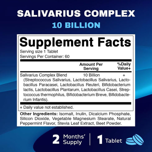 Vitamatic Salivarius Complex 10 Billion Chewable Mint Flavored Tablet - 60 Count - Oral Health Chewable Probiotics + Prebiotics - Supports Healthy...