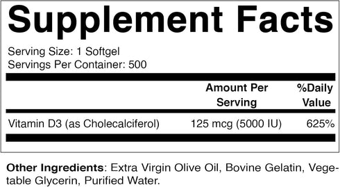Vitamatic Vitamin D3 5000 IU (125 mcg) - 500 Softgels (Olive Oil Based) - 500 Days Supply - for Healthy Muscle Function, and Immune Support, Non-G...