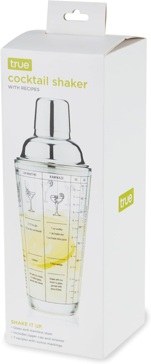 True Glass Cocktail Shaker with 7 Classic Recipes and Measurements for Cold Brew Cocktails, Home Bar Accessories, Bar Tools, Bartender Gifts, Host...