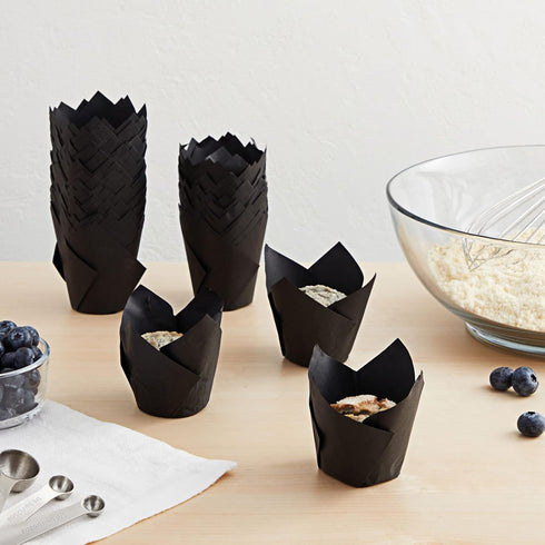 Juvale 100-Piece Bulk Black Tulip Cupcake Liners - 2 x 3.5 Inches Medium Baking Wrappers - Black Cupcake Liners for Halloween Parties, Wedding Rec...
