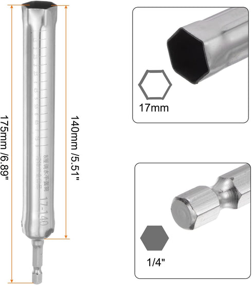 Hollow Socket, 17mm x 140mm Deep Well Power Nut Driver 1/4" Quick-Change Hex Shank for Used with Impact Drivers...
