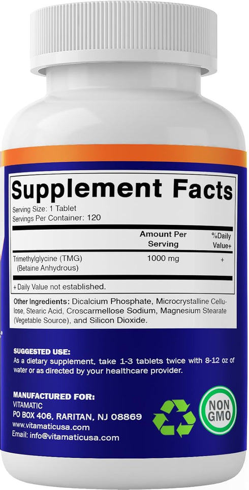 Vitamatic TMG Supplements 1000mg - Trimethylglycine - Betaine Anhydrous - 120 Tablets - 120 Servings - Non-GMO & Gluten Free...