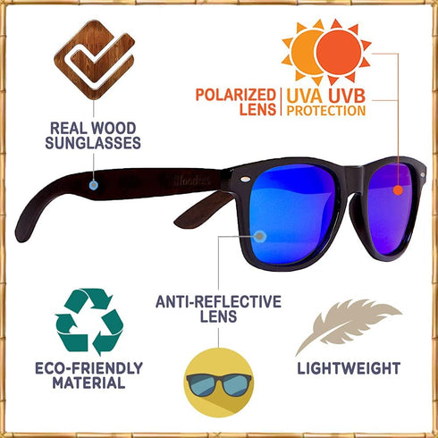 Woodies Zebra Wood Sunglasses with Electric Blue Mirrored Polarized Lens and Real Wooden Frame for Men and Women | 100% UVA/UVB Protection...
