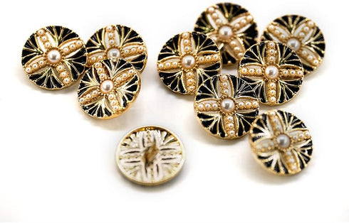 20 pcs Faux Pearls Inlaid Retro Pattern Enamel Openwork Golden Metal Shank Sewing Buttons - 18mm - 23/32"...
