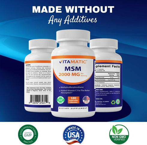 Vitamatic MSM 2000 mg with Vitamin C 75mg per Serving - 180 Veg Capsules - Vitamin C Aid in better absopriton of MSM (Methylsulfonylmethane) - Non...